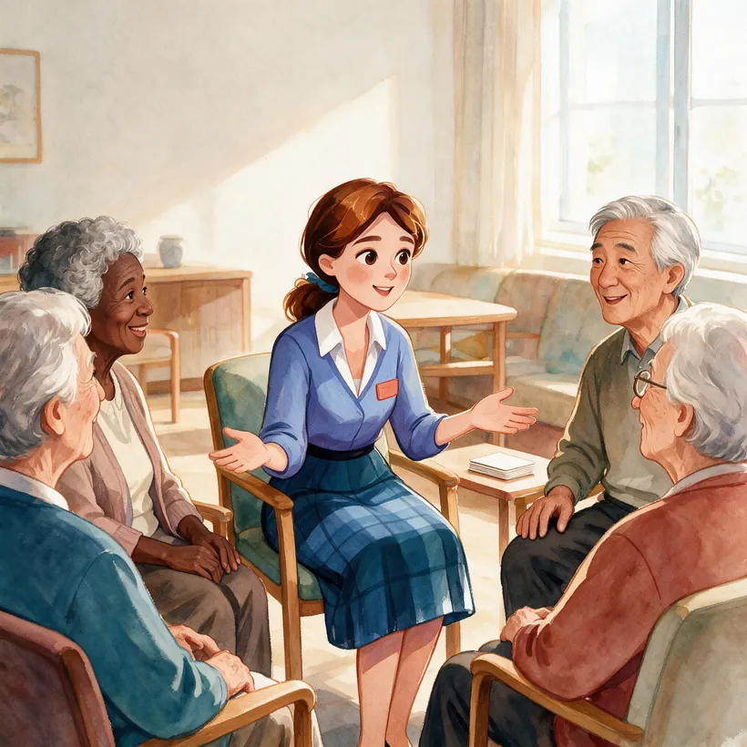 Illustrazione: Yessica saluta i residenti seduti in cerchio all’inizio dell’incontro.