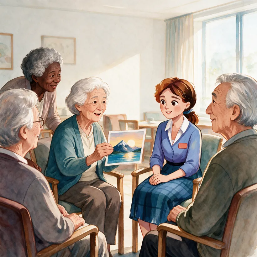 Illustrazione: una residente osserva una grande fotografia mentre gli altri guardano insieme a lei.