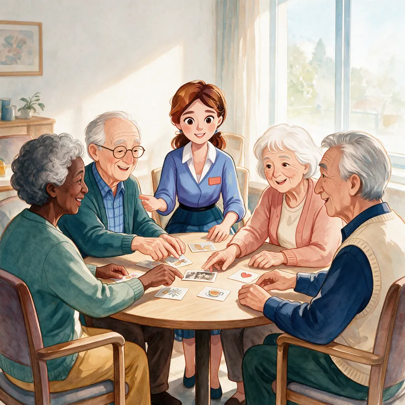 Illustrazione: i residenti dispongono insieme delle carte illustrate sul tavolo, conversando.