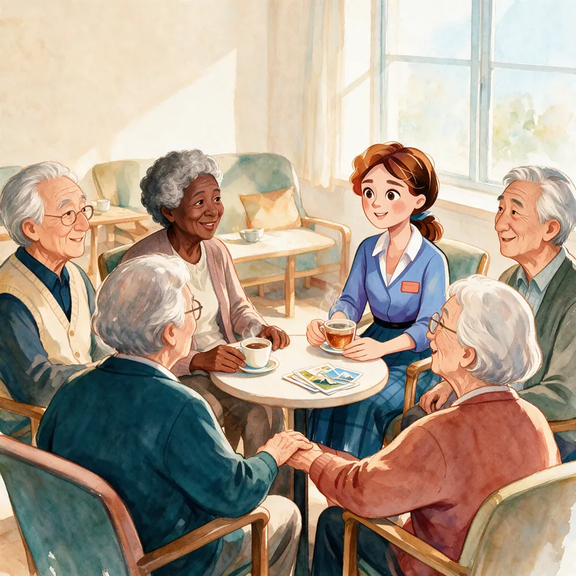 Illustrazione: il gruppo brinda con tazze di tè e caffè alla fine dell’incontro.