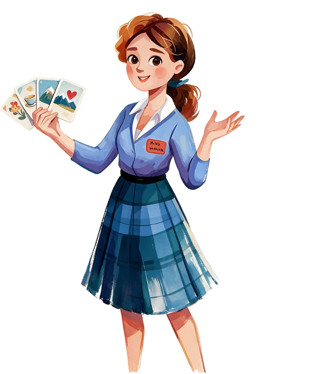 Illustrazione di Yessica, l’insegnante che conduce il percorso, mentre presenta alcune carte illustrate con un gesto di benvenuto.
